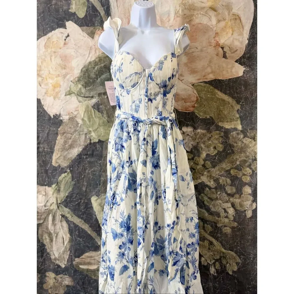 New Anthropologie V. Chapman Vera Ruffle-Strap Corset Side-Slit Midi Dress Size - Picture 9 of 13
